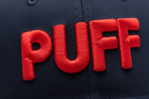 Cap featuring raised 3D puff embroidered logo in red thread over navy background.