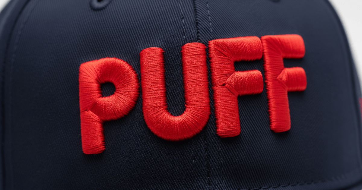 Cap featuring raised 3D puff embroidered logo in red thread over navy background.