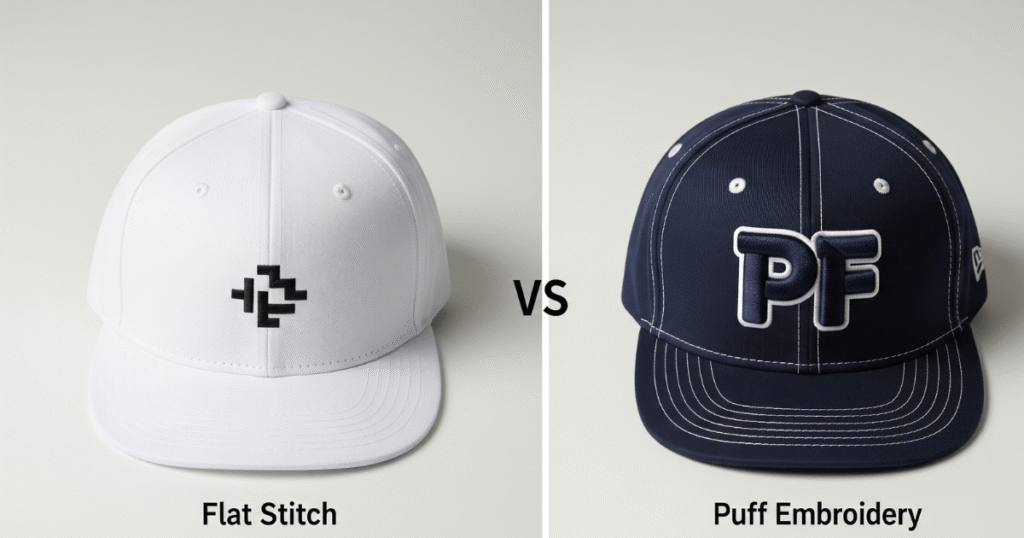 Comparison of two caps: one with flat stitch logo, the other with puff embroidery detail.