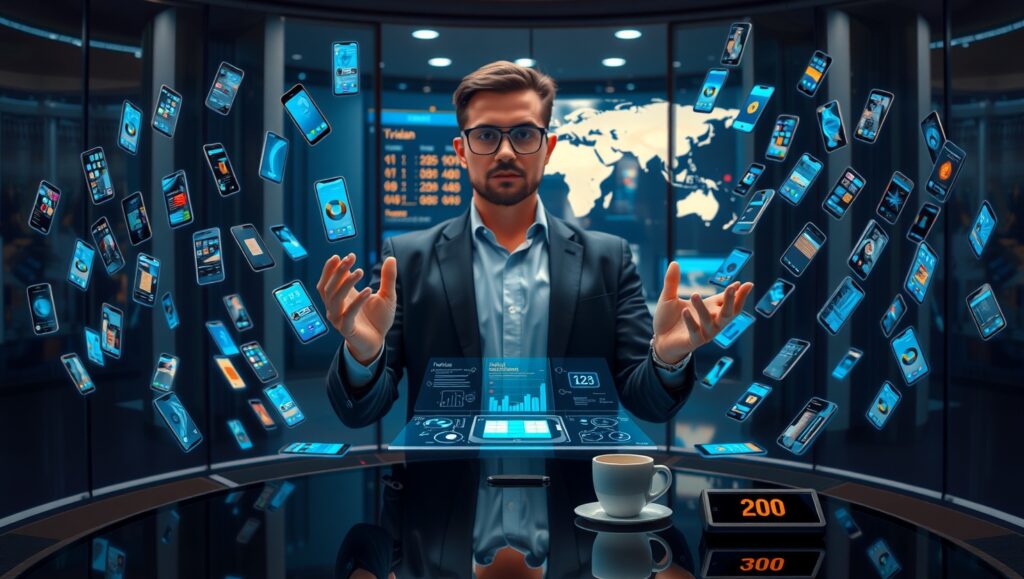Operations manager in high-tech control center monitors 200 floating app holograms while interacting with central maintenance dashboard, reflected in curved glass walls.