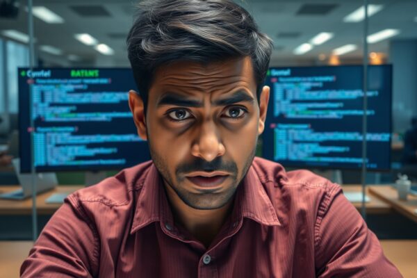 React Native Development Company: 5 Fatal Hiring Mistakes Startup CTO discovers fatal React Native Development Company hiring mistakes as his team fails around him. Screen shows coding errors while glass walls reflect disengaged developers. Ultra-realistic details include bloated bundle warnings, dependency chaos, and authentic office stress.