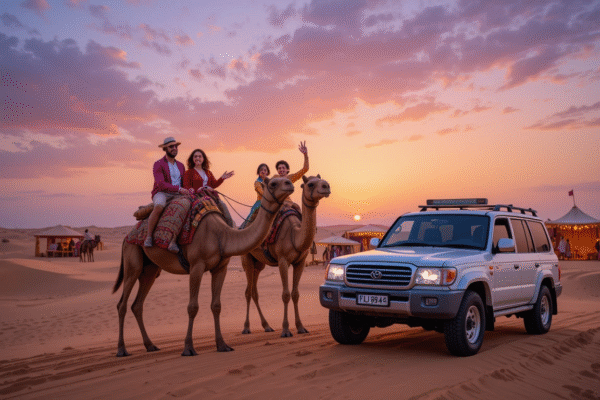 Family Desert Safari Dubai: The Ultimate Guide for Fun, Comfort & Memories Family enjoying a desert safari in Dubai with camel rides at sunset