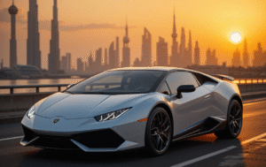 Lamborghini parked on a Dubai highway at sunset with city skyline in the background – Affordable Car Rental