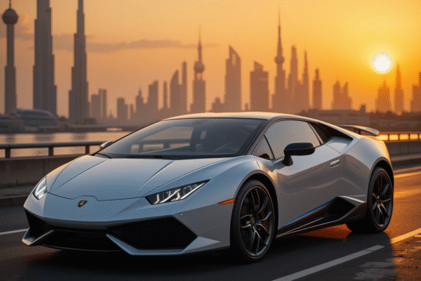 Lamborghini parked on a Dubai highway at sunset with city skyline in the background – Affordable Car Rental